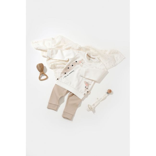 Set bluzita cu maneca lunga si panataloni lungi Girafa, BabyCosy, 100% bumbac organic, Ecru (Marime: 12-18 Luni) JEMBC-CSY2014-12