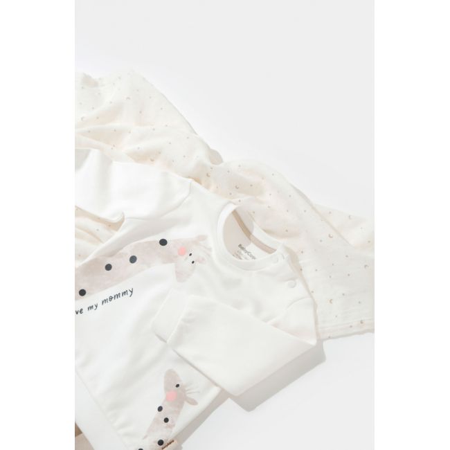 Set bluzita cu maneca lunga si panataloni lungi Girafa, BabyCosy, 100% bumbac organic, Ecru (Marime: 12-18 Luni) JEMBC-CSY2014-12