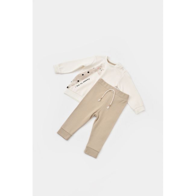 Set bluzita cu maneca lunga si panataloni lungi Girafa, BabyCosy, 100% bumbac organic, Ecru (Marime: 12-18 Luni) JEMBC-CSY2014-12