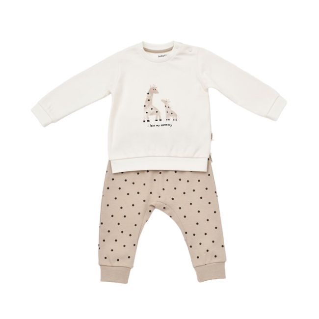 Set bluzita cu maneca lunga si panataloni lungi cu buline Girafa, BabyCosy, 100% bumbac organic, Ecru (Marime: 6-9 luni) JEMBC-CSY2012-6