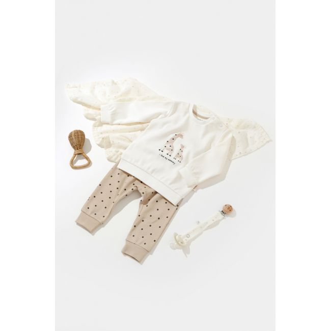 Set bluzita cu maneca lunga si panataloni lungi cu buline Girafa, BabyCosy, 100% bumbac organic, Ecru (Marime: 9-12 luni) JEMBC-CSY2012-9