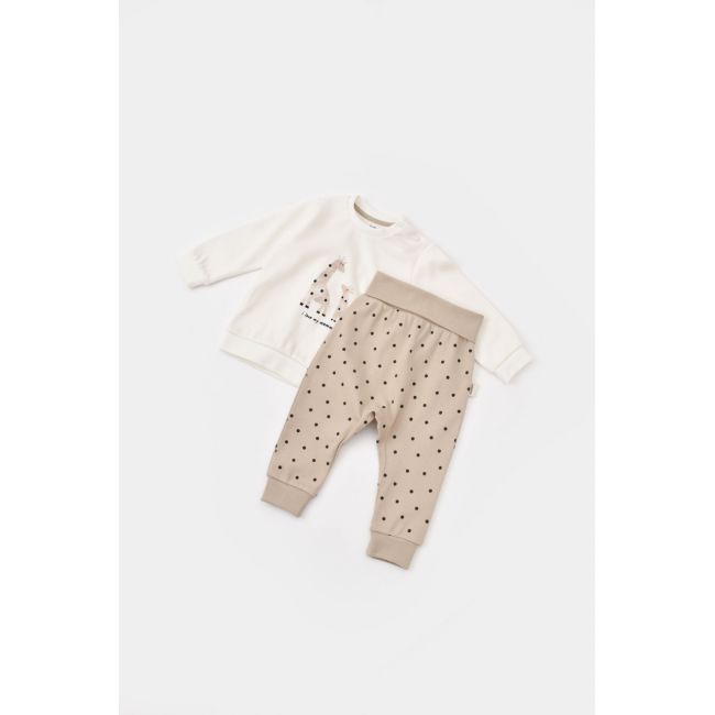 Set bluzita cu maneca lunga si panataloni lungi cu buline Girafa, BabyCosy, 100% bumbac organic, Ecru (Marime: 9-12 luni) JEMBC-CSY2012-9