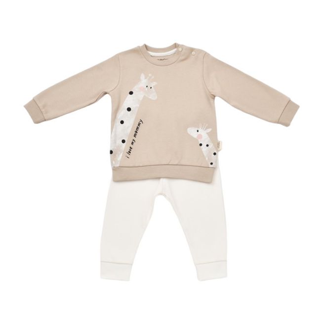 Set bluzita cu maneca lunga si panataloni lungi cu buline Girafa, BabyCosy, 100% bumbac organic, Mink (Marime: 9-12 luni) JEMBC-CSY2013-9