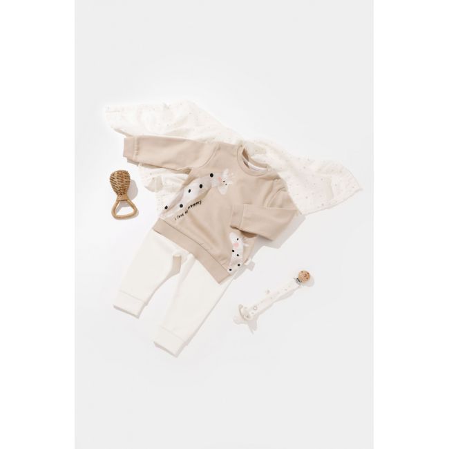 Set bluzita cu maneca lunga si panataloni lungi cu buline Girafa, BabyCosy, 100% bumbac organic, Mink (Marime: 9-12 luni) JEMBC-CSY2013-9