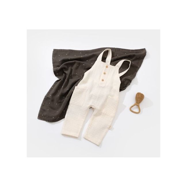 Salopeta de vara cu buzunare din muselina, BabyCosy, 100% bumbac organic, ecru (Marime: 12-18 Luni) JEMBC-CSYM7009-12