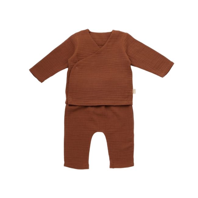 Set bluzita petrecuta si panataloni lungi din muselina, Baby Cosy, 100% bumbac organic, Caramiziu (Marime: 12-18 Luni) JEMBC-CSYM7013-12