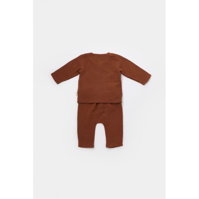 Set bluzita petrecuta si panataloni lungi din muselina, Baby Cosy, 100% bumbac organic, Caramiziu (Marime: 6-9 luni) JEMBC-CSYM7013-6