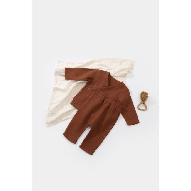 Set bluzita petrecuta si panataloni lungi din muselina, Baby Cosy, 100% bumbac organic, Caramiziu (Marime: 6-9 luni) JEMBC-CSYM7013-6