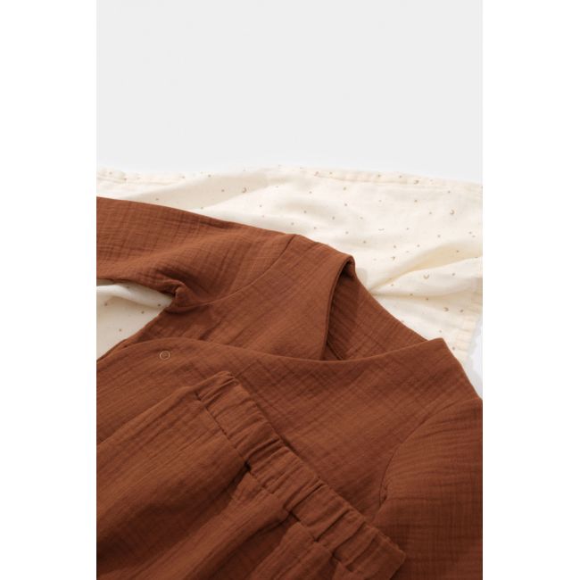 Set bluzita petrecuta si panataloni lungi din muselina, Baby Cosy, 100% bumbac organic, Caramiziu (Marime: 9-12 luni) JEMBC-CSYM7013-9