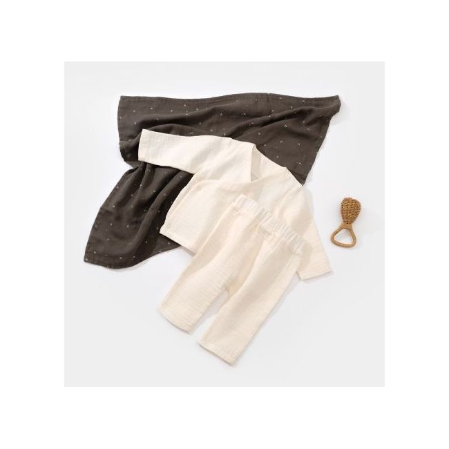 Set bluzita petrecuta si panataloni lungi din muselina, Baby Cosy, 100% bumbac organic, Ecru (Marime: 12-18 Luni) JEMBC-CSYM7012-12