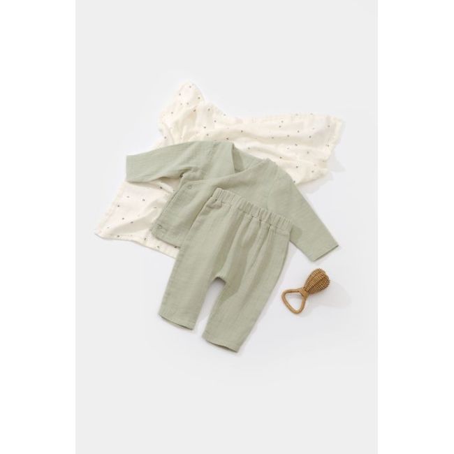Set bluzita petrecuta si panataloni lungi din muselina, Baby Cosy, 100% bumbac organic, Verde (Marime: 9-12 luni) JEMBC-CSYM7014-9