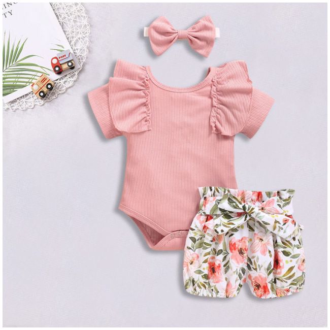 Costumas cu body roz si pantaloni scurti imprimati cu maci MD02-103-cd