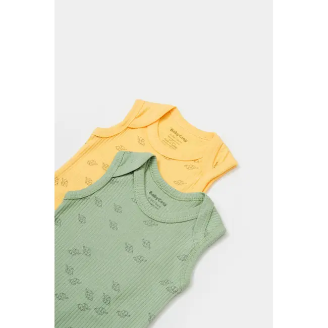 Set 2 body-uri fara maneci Printed, BabyCosy, 50% modal+50% bumbac, Lamaie/Verde (Marime: 9-12 luni) JEMBC-CSYM11116-9