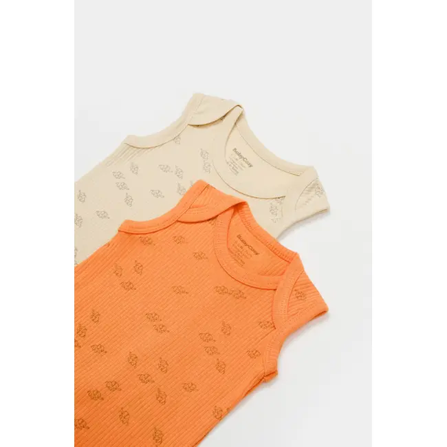 Set 2 body-uri fara maneci Printed, BabyCosy, 50% modal+50% bumbac, Stone/Apricot (Marime: 9-12 luni) JEMBC-CSYM11117-9