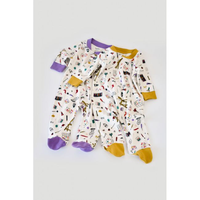 Set 2 salopetele cu maneca lunga si panataloni cu botosei si fermoar - 100%bumbac organic - Galben si Mov, Baby Cosy (Marime: 6-9 luni) JEMBC-CSY5811-6