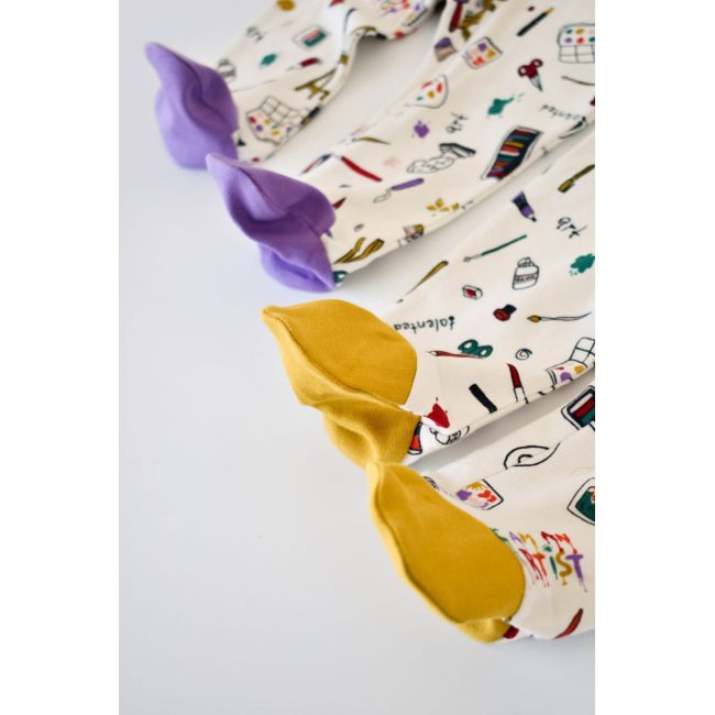 Set 2 salopetele cu maneca lunga si panataloni cu botosei si fermoar - 100%bumbac organic - Galben si Mov, Baby Cosy (Marime: 6-9 luni) JEMBC-CSY5811-6