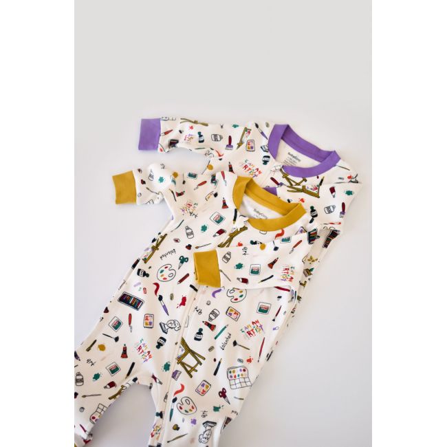 Set 2 salopetele cu maneca lunga si panataloni cu botosei si fermoar - 100%bumbac organic - Galben si Mov, Baby Cosy (Marime: 9-12 luni) JEMBC-CSY5811-9