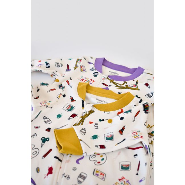 Set 2 salopetele cu maneca lunga si panataloni cu botosei si fermoar - 100%bumbac organic - Galben si Mov, Baby Cosy (Marime: 9-12 luni) JEMBC-CSY5811-9
