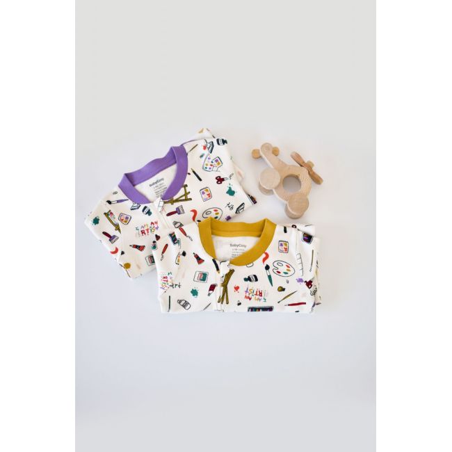 Set 2 salopetele cu maneca lunga si panataloni cu botosei si fermoar - 100%bumbac organic - Galben si Mov, Baby Cosy (Marime: 9-12 luni) JEMBC-CSY5811-9