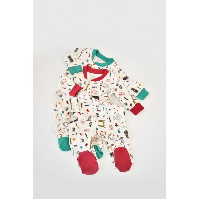 Set 2 salopetele cu maneca lunga si panataloni cu botosei si fermoar - 100%bumbac organic - Rosu si verde, Baby Cosy (Marime: 9-12 luni) JEMBC-CSY5812-9