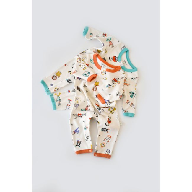 Set 2 salopetele cu maneca lunga si panataloni lungi - 100%bumbac organic - Portocaliu si Verde, Baby Cosy (Marime: 3-6 Luni) JEMBC-CSY5814-3