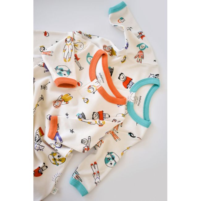 Set 2 salopetele cu maneca lunga si panataloni lungi - 100%bumbac organic - Portocaliu si Verde, Baby Cosy (Marime: 3-6 Luni) JEMBC-CSY5814-3