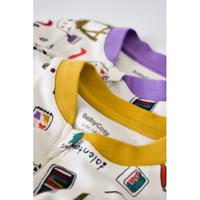 Set 2 salopetele cu maneca lunga si panataloni lungi cu fermoar - 100%bumbac organic - Galben si Mov, Baby Cosy (Marime: 12-18 Luni) JEMBC-CSY5808-12