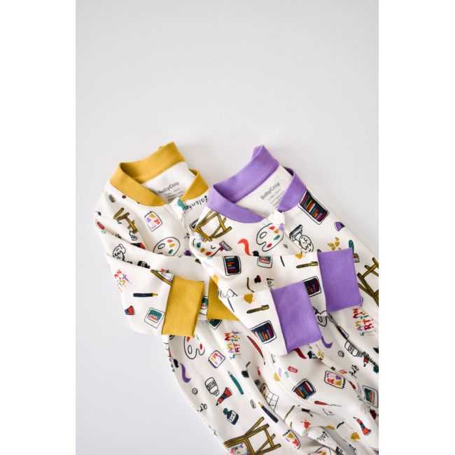 Set 2 salopetele cu maneca lunga si panataloni lungi cu fermoar - 100%bumbac organic - Galben si Mov, Baby Cosy (Marime: 12-18 Luni) JEMBC-CSY5808-12