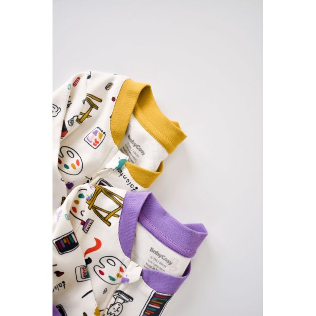 Set 2 salopetele cu maneca lunga si panataloni lungi cu fermoar - 100%bumbac organic - Galben si Mov, Baby Cosy (Marime: 3-6 Luni) JEMBC-CSY5808-3