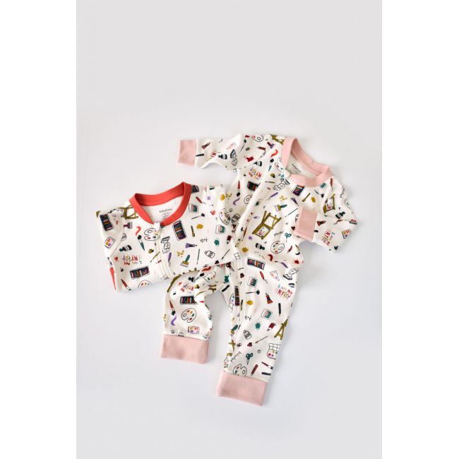 Set 2 salopetele cu maneca lunga si panataloni lungi cu fermoar - 100%bumbac organic - Portocaliu si Pudra, Baby Cosy (Marime: 6-9 luni) JEMBC-CSY5810-6