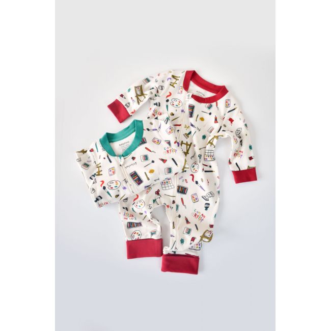 Set 2 salopetele cu maneca lunga si panataloni lungi cu fermoar - 100%bumbac organic - Rosu si Verde, Baby Cosy (Marime: 3-6 Luni) JEMBC-CSY5809-3