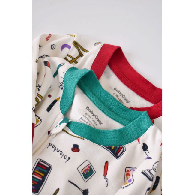 Set 2 salopetele cu maneca lunga si panataloni lungi cu fermoar - 100%bumbac organic - Rosu si Verde, Baby Cosy (Marime: 3-6 Luni) JEMBC-CSY5809-3