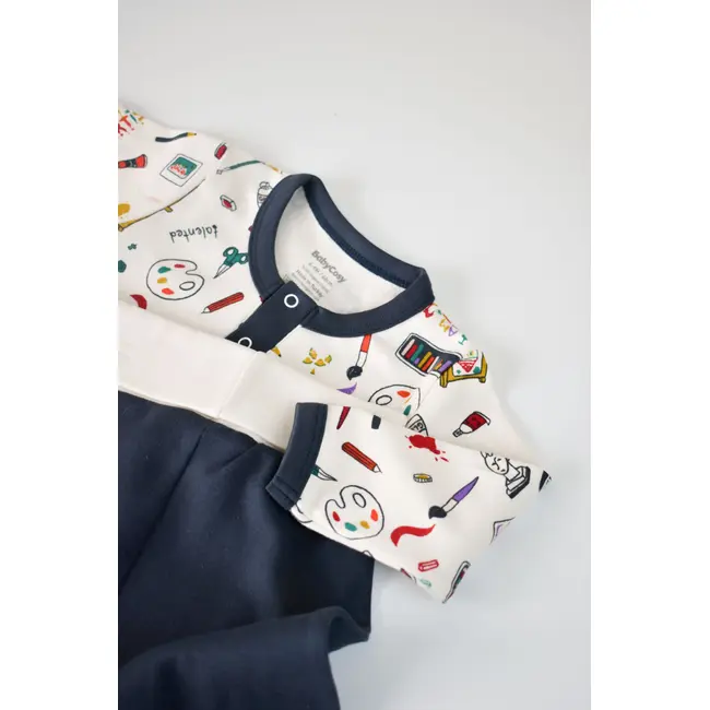 Set bluzita cu maneca lunga si nasturei si panataloni lungi, 100% bumbac organic, BabyCosy, Bleumarin (Marime: 3-6 Luni) JEMBC-CSY2005-3