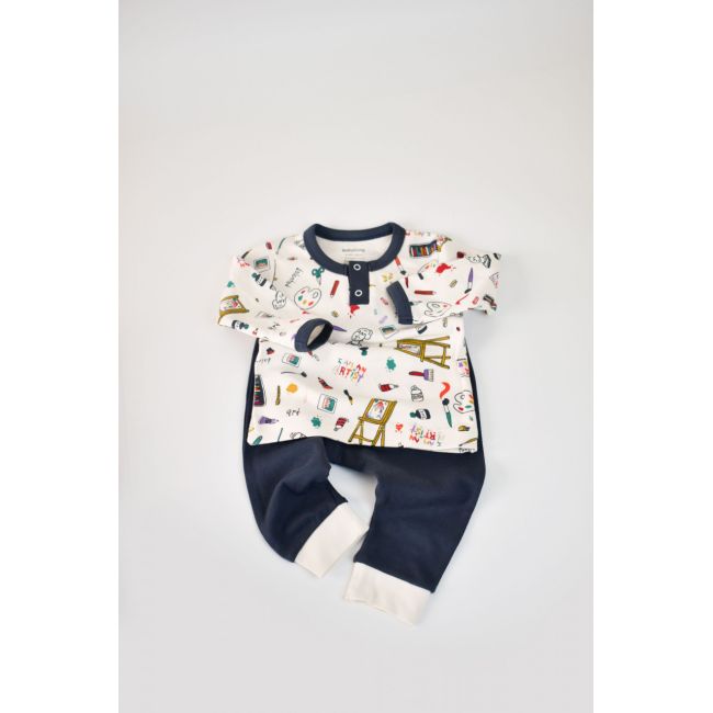 Set bluzita cu maneca lunga si nasturei si panataloni lungi, 100% bumbac organic, BabyCosy, Bleumarin (Marime: 6-9 luni) JEMBC-CSY2005-6
