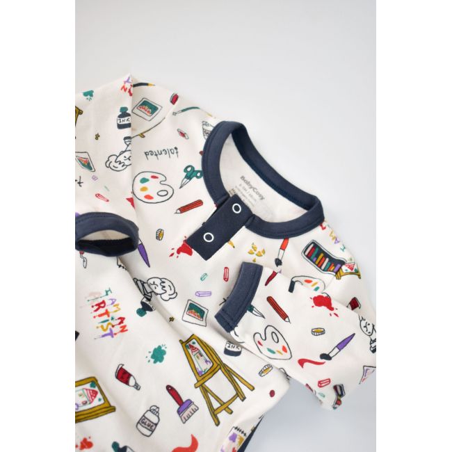 Set bluzita cu maneca lunga si nasturei si panataloni lungi, 100% bumbac organic, BabyCosy, Bleumarin (Marime: 6-9 luni) JEMBC-CSY2005-6