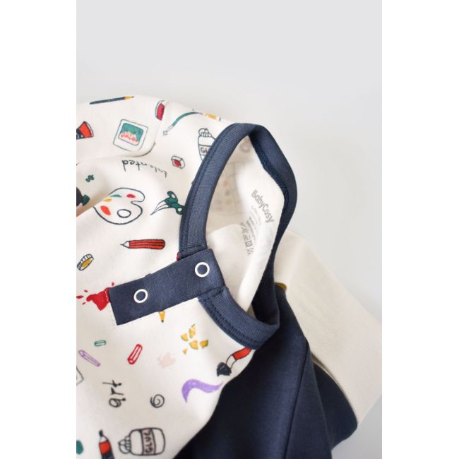 Set bluzita cu maneca lunga si nasturei si panataloni lungi, 100% bumbac organic, BabyCosy, Bleumarin (Marime: 9-12 luni) JEMBC-CSY2005-9