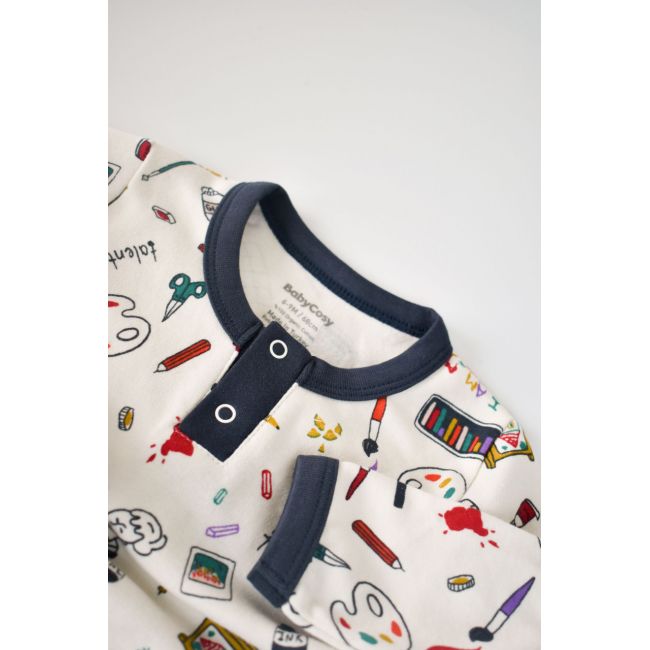 Set bluzita cu maneca lunga si nasturei si panataloni lungi, 100% bumbac organic, BabyCosy, Bleumarin (Marime: 9-12 luni) JEMBC-CSY2005-9