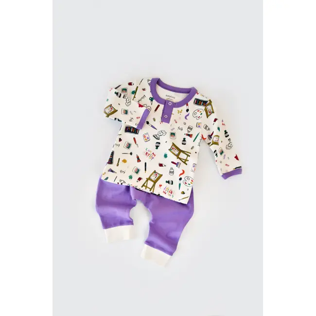 Set bluzita cu maneca lunga si nasturei si panataloni lungi, 100% bumbac organic, BabyCosy, Mov (Marime: 12-18 Luni) JEMBC-CSY2003-12