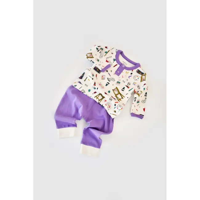 Set bluzita cu maneca lunga si nasturei si panataloni lungi, 100% bumbac organic, BabyCosy, Mov (Marime: 12-18 Luni) JEMBC-CSY2003-12