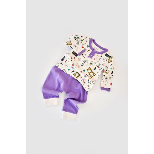 Set bluzita cu maneca lunga si nasturei si panataloni lungi, 100% bumbac organic, BabyCosy, Mov (Marime: 6-9 luni) JEMBC-CSY2003-6