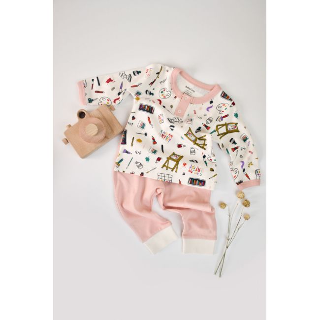 Set bluzita cu maneca lunga si nasturei si panataloni lungi, 100% bumbac organic, BabyCosy, Pudra (Marime: 3-6 Luni) JEMBC-CSY2006-3