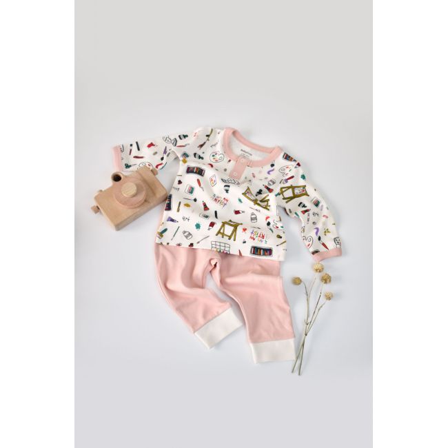 Set bluzita cu maneca lunga si nasturei si panataloni lungi, 100% bumbac organic, BabyCosy, Pudra (Marime: 3-6 Luni) JEMBC-CSY2006-3