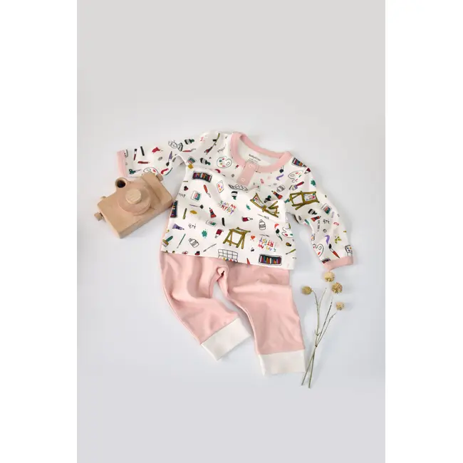 Set bluzita cu maneca lunga si nasturei si panataloni lungi, 100% bumbac organic, BabyCosy, Pudra (Marime: 6-9 luni) JEMBC-CSY2006-6