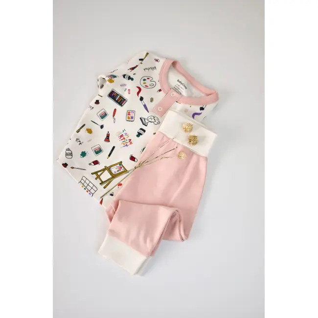 Set bluzita cu maneca lunga si nasturei si panataloni lungi, 100% bumbac organic, BabyCosy, Pudra (Marime: 6-9 luni) JEMBC-CSY2006-6