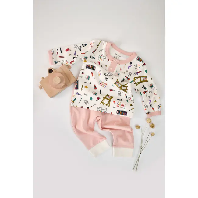 Set bluzita cu maneca lunga si nasturei si panataloni lungi, 100% bumbac organic, BabyCosy, Pudra (Marime: 9-12 luni) JEMBC-CSY2006-9