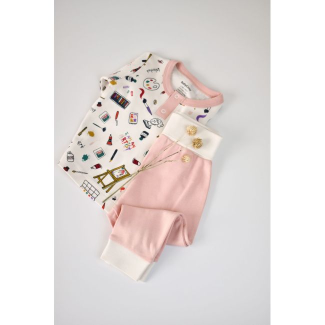 Set bluzita cu maneca lunga si nasturei si panataloni lungi, 100% bumbac organic, BabyCosy, Pudra (Marime: 9-12 luni) JEMBC-CSY2006-9