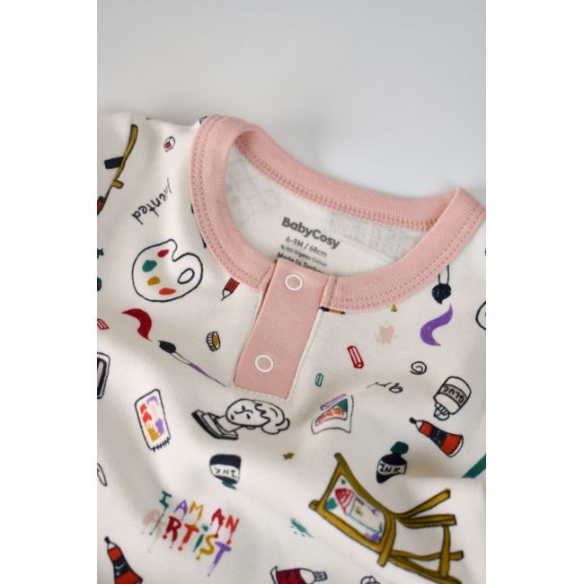 Set bluzita cu maneca lunga si nasturei si panataloni lungi, 100% bumbac organic, BabyCosy, Pudra (Marime: 9-12 luni) JEMBC-CSY2006-9