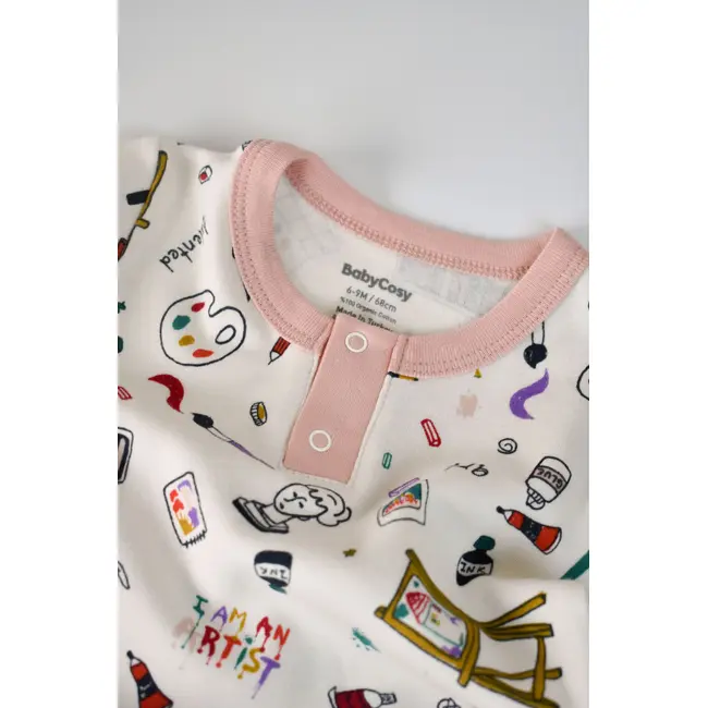 Set bluzita cu maneca lunga si nasturei si panataloni lungi, 100% bumbac organic, BabyCosy, Pudra (Marime: 9-12 luni) JEMBC-CSY2006-9