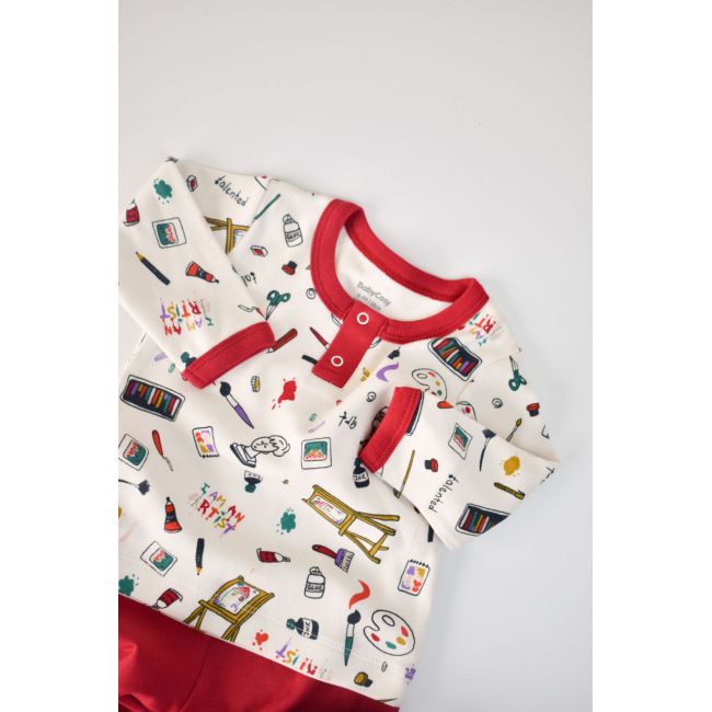 Set bluzita cu maneca lunga si nasturei si panataloni lungi, 100% bumbac organic, BabyCosy, Rosu (Marime: 12-18 Luni) JEMBC-CSY2004-12