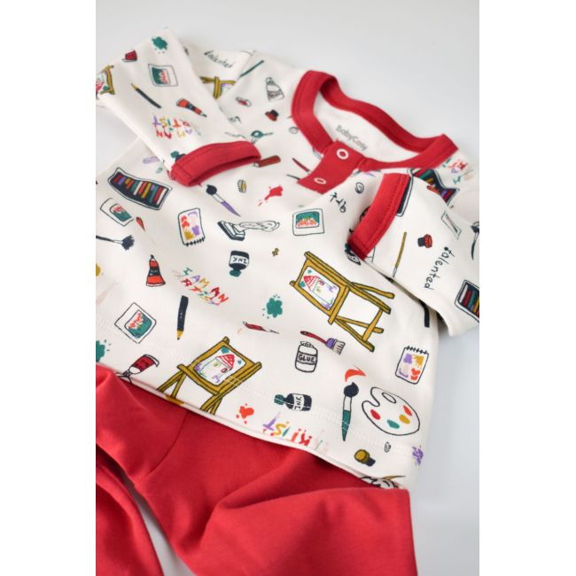 Set bluzita cu maneca lunga si nasturei si panataloni lungi, 100% bumbac organic, BabyCosy, Rosu (Marime: 3-6 Luni) JEMBC-CSY2004-3